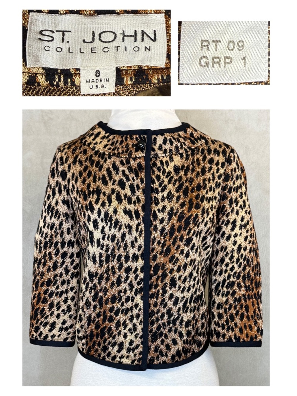 St. John Collection Leopard Jacquard Knit Jacket Size 8 Zip Front Resort 09